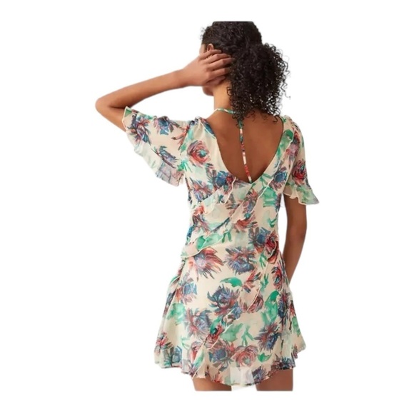 ANTHROPOLOGIE White Soft Floral Short Sleeve Ruffle Tie Back Mini Dress Medium - Picture 3 of 14